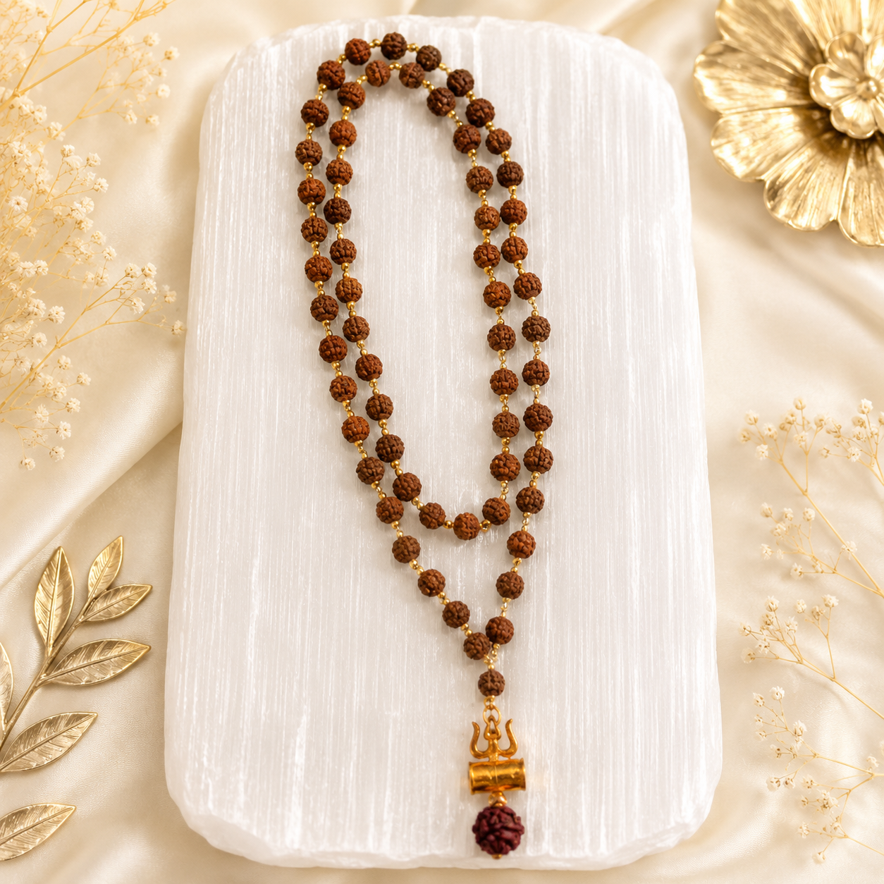 Original 5 Mukhi Rudraksha Mala with Brass Capping and Trishul Damru Pendent