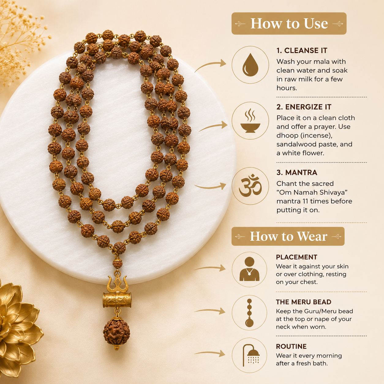108 Beads Original 5 Mukhi Rudraksha Mala with Brass Capping and Trishul Damru Locket