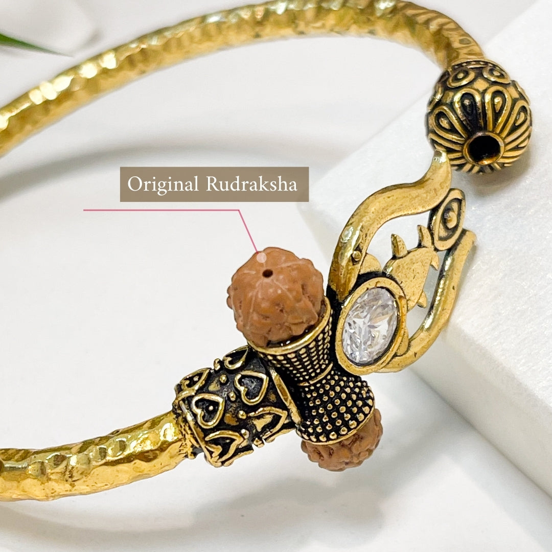 Trident Kada (Gold Plated) - Trishul Damru Kada with 5 Mukhi Rudraksha Beads