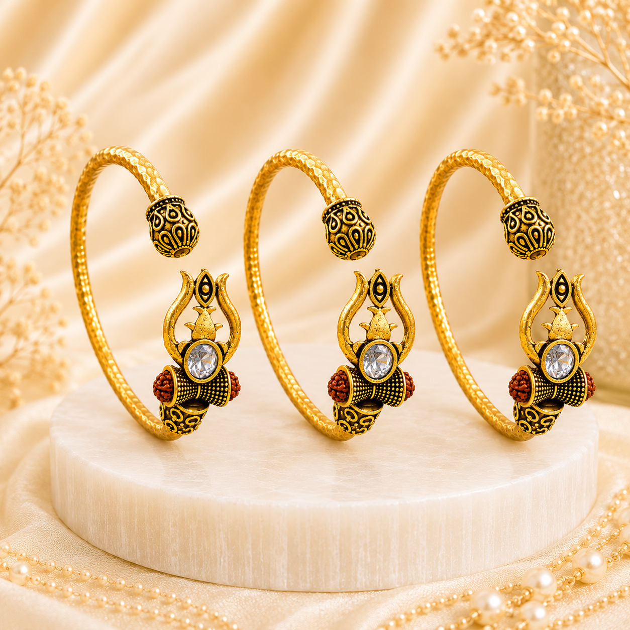 Trident Kada (Gold Plated) - Trishul Damru Kada with 5 Mukhi Rudraksha Beads