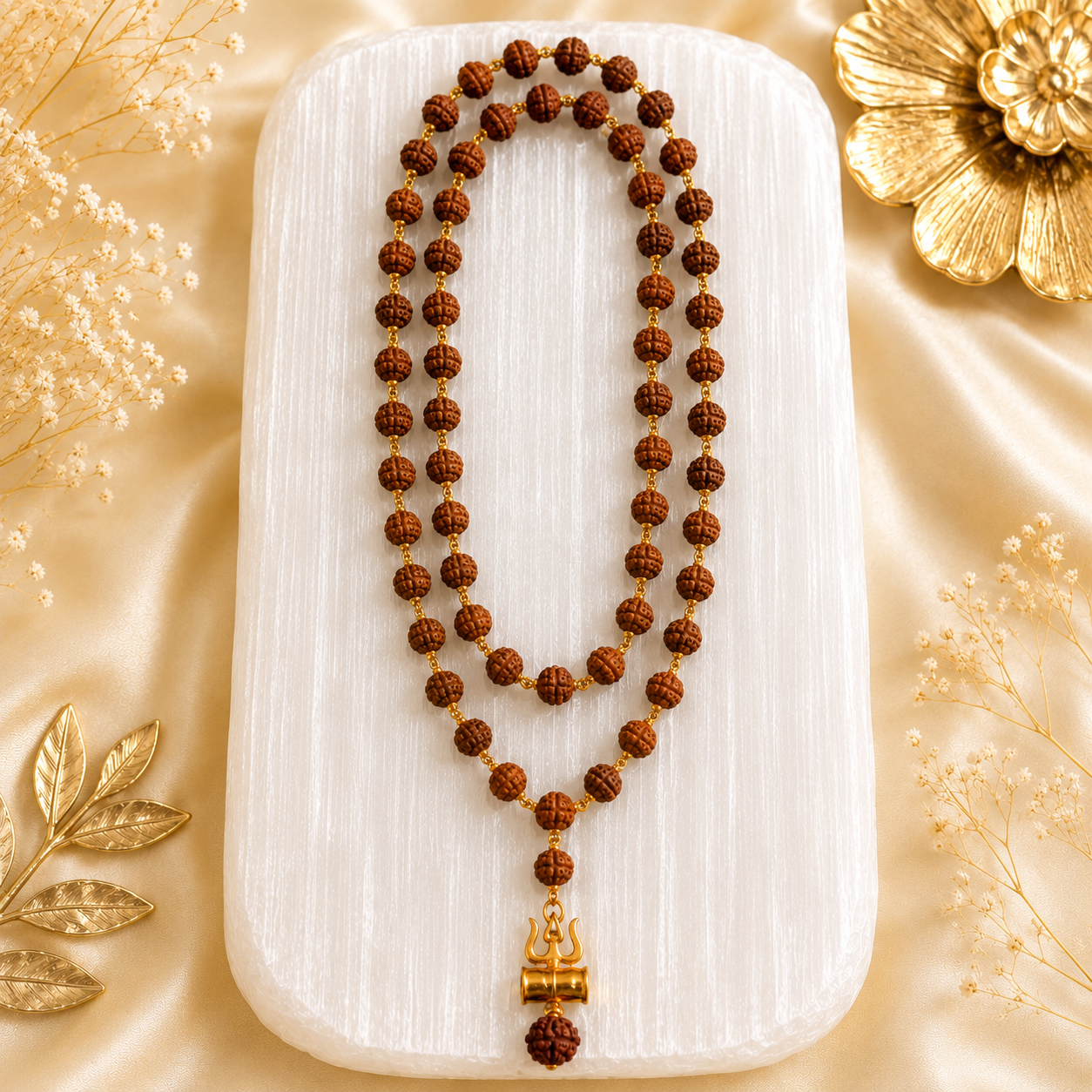 Original 5 Mukhi Rudraksha Mala with Brass Capping and Trishul Damru Pendent