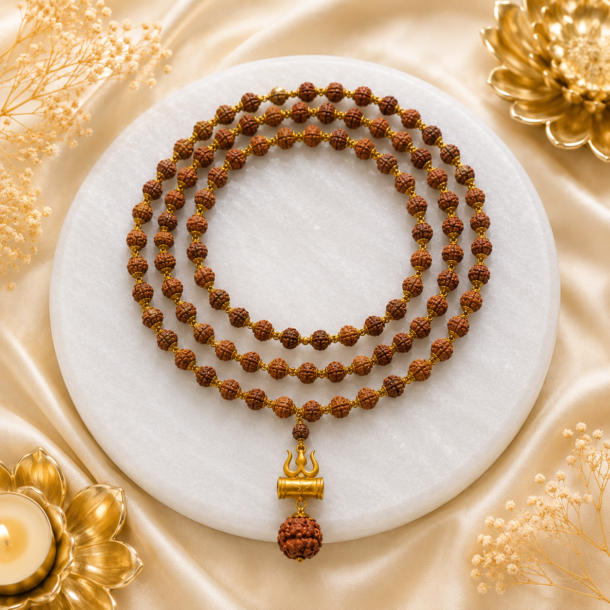 108 Beads Original 5 Mukhi Rudraksha Mala with Brass Capping and Trishul Damru Locket