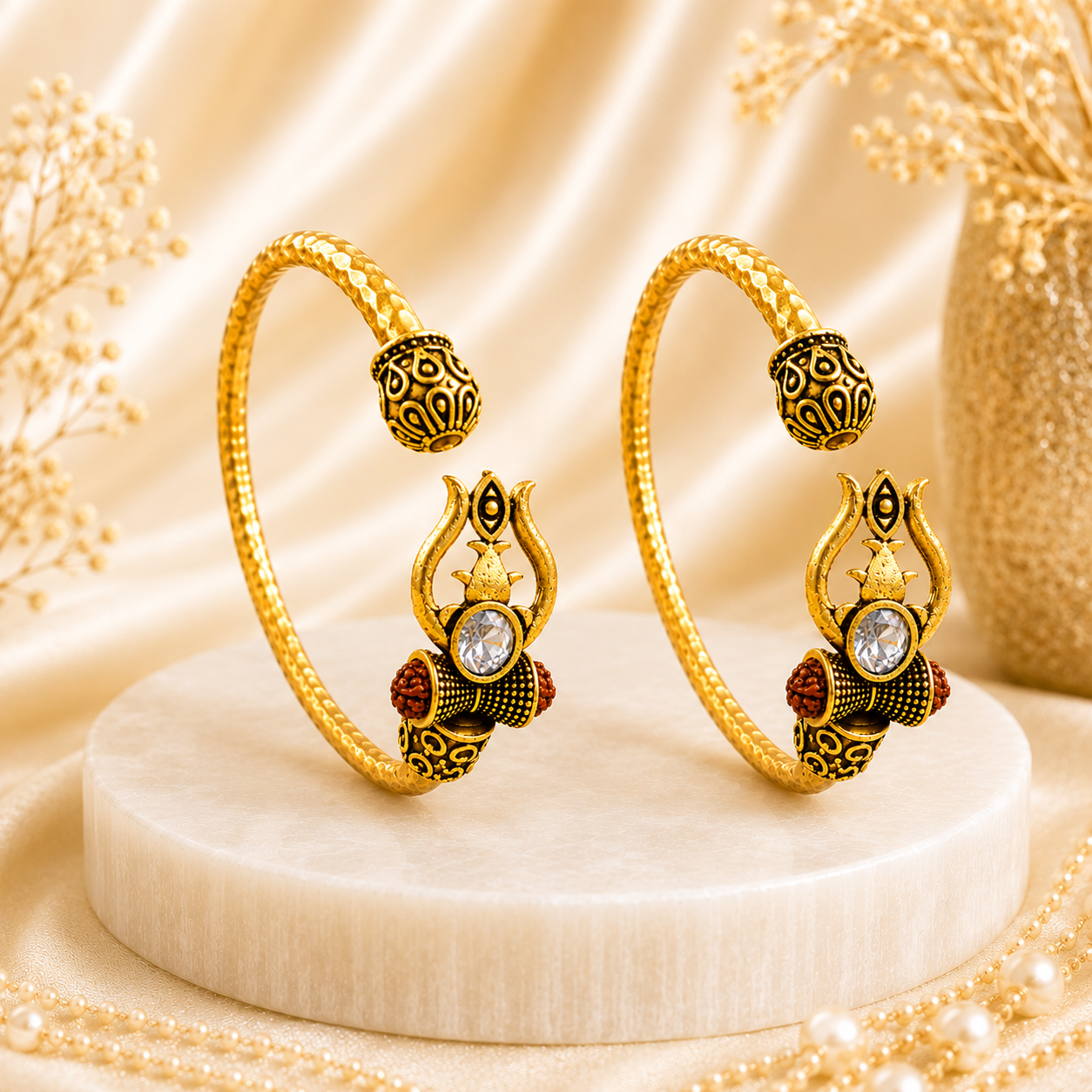 Trident Kada (Gold Plated) - Trishul Damru Kada with 5 Mukhi Rudraksha Beads