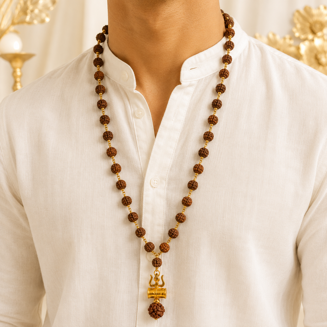 Original 5 Mukhi Rudraksha Mala with Brass Capping and Trishul Damru Pendent