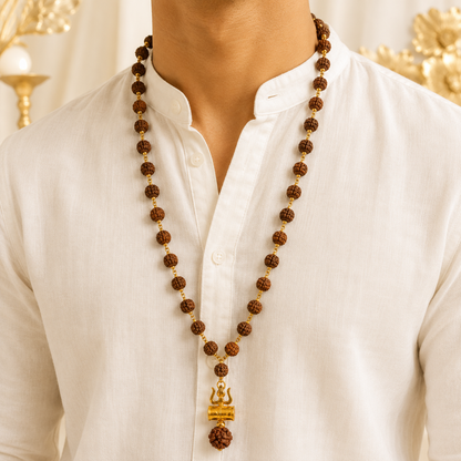 Original 5 Mukhi Rudraksha Mala with Brass Capping and Trishul Damru Pendent