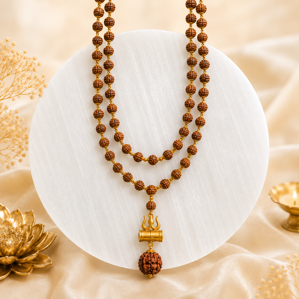 108 Beads Original 5 Mukhi Rudraksha Mala with Brass Capping and Trishul Damru Locket