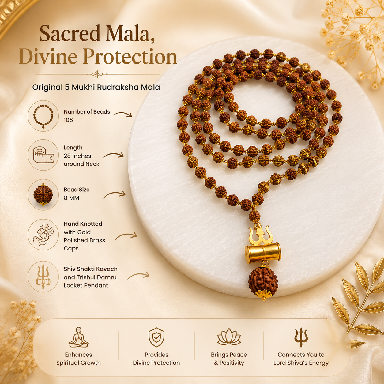 108 Beads Original 5 Mukhi Rudraksha Mala with Brass Capping and Trishul Damru Locket