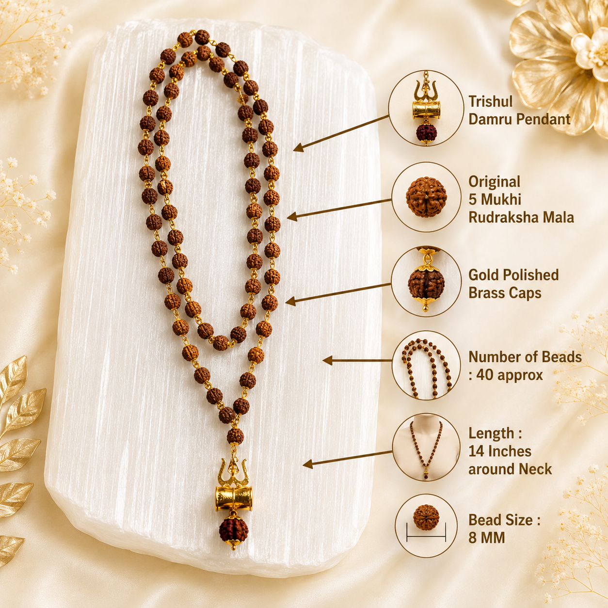 Original 5 Mukhi Rudraksha Mala with Brass Capping and Trishul Damru Pendent