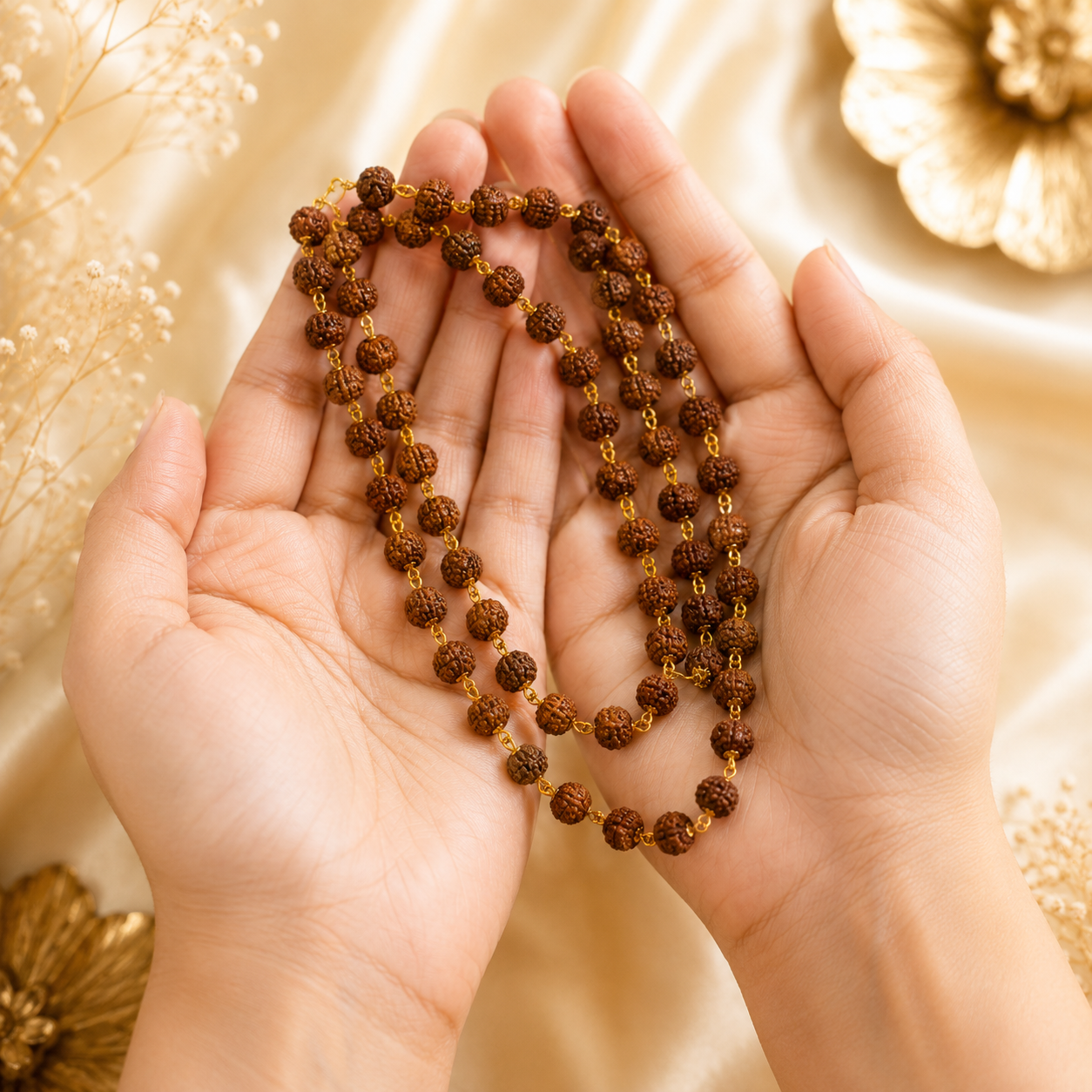 Original 5 Mukhi Rudraksha Mala with Brass Capping and Trishul Damru Pendent