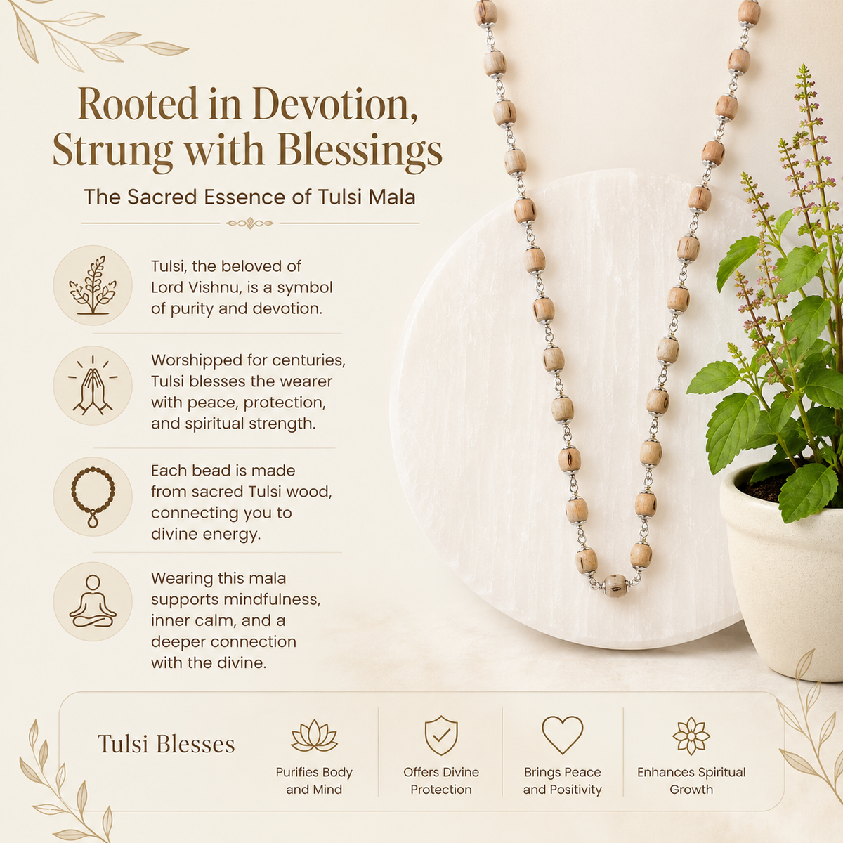 Natural Tulsi Mala In Pure Silver