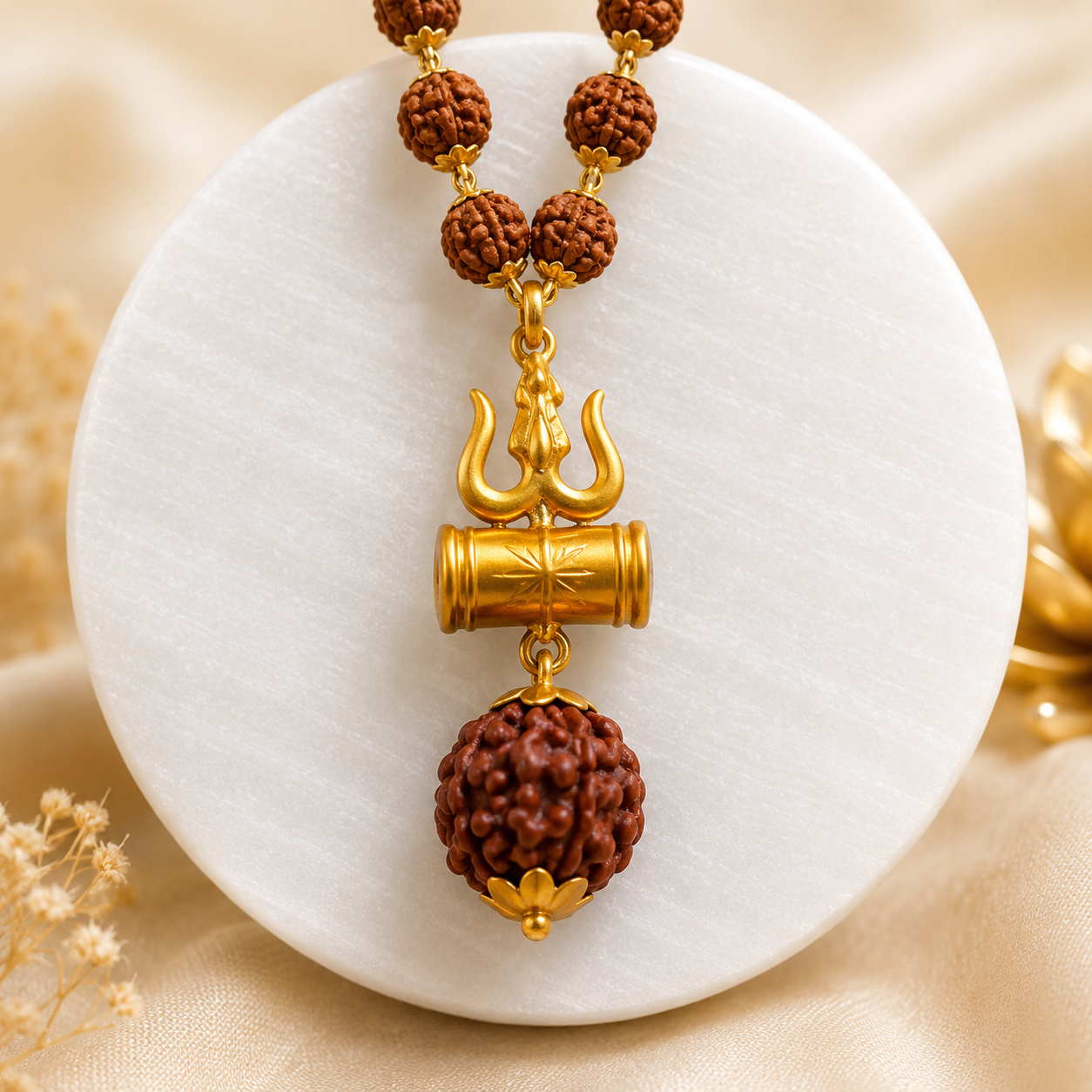 108 Beads Original 5 Mukhi Rudraksha Mala with Brass Capping and Trishul Damru Locket
