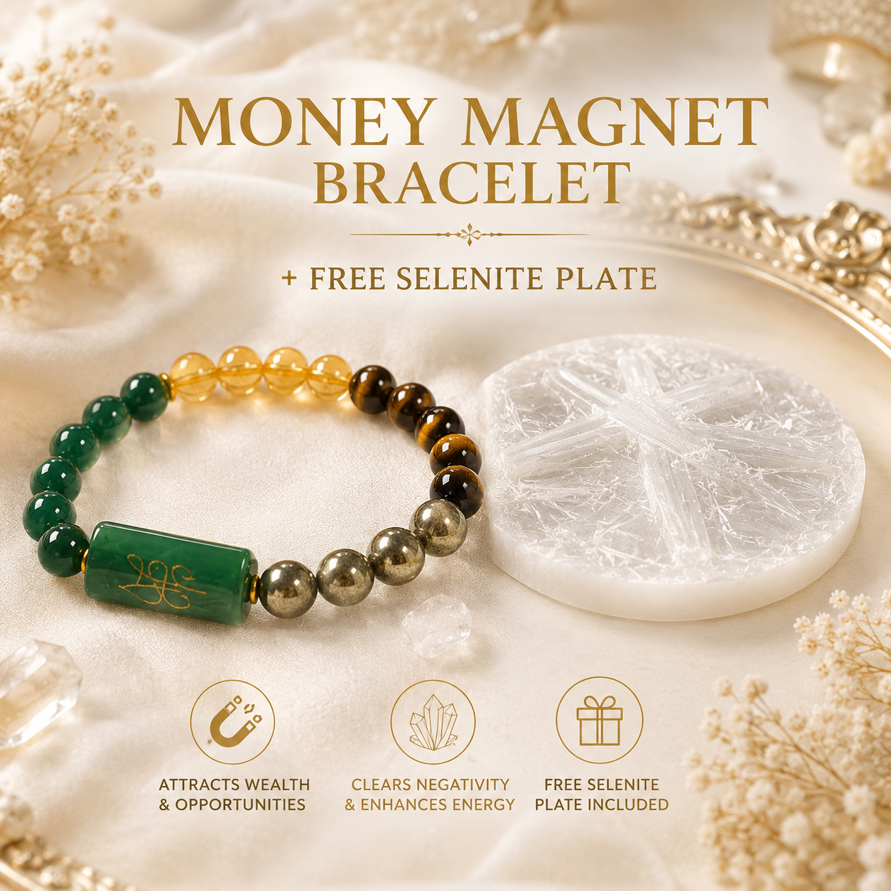 Money Magnet Crystal Bracelet with Free Selenite Charging Plate