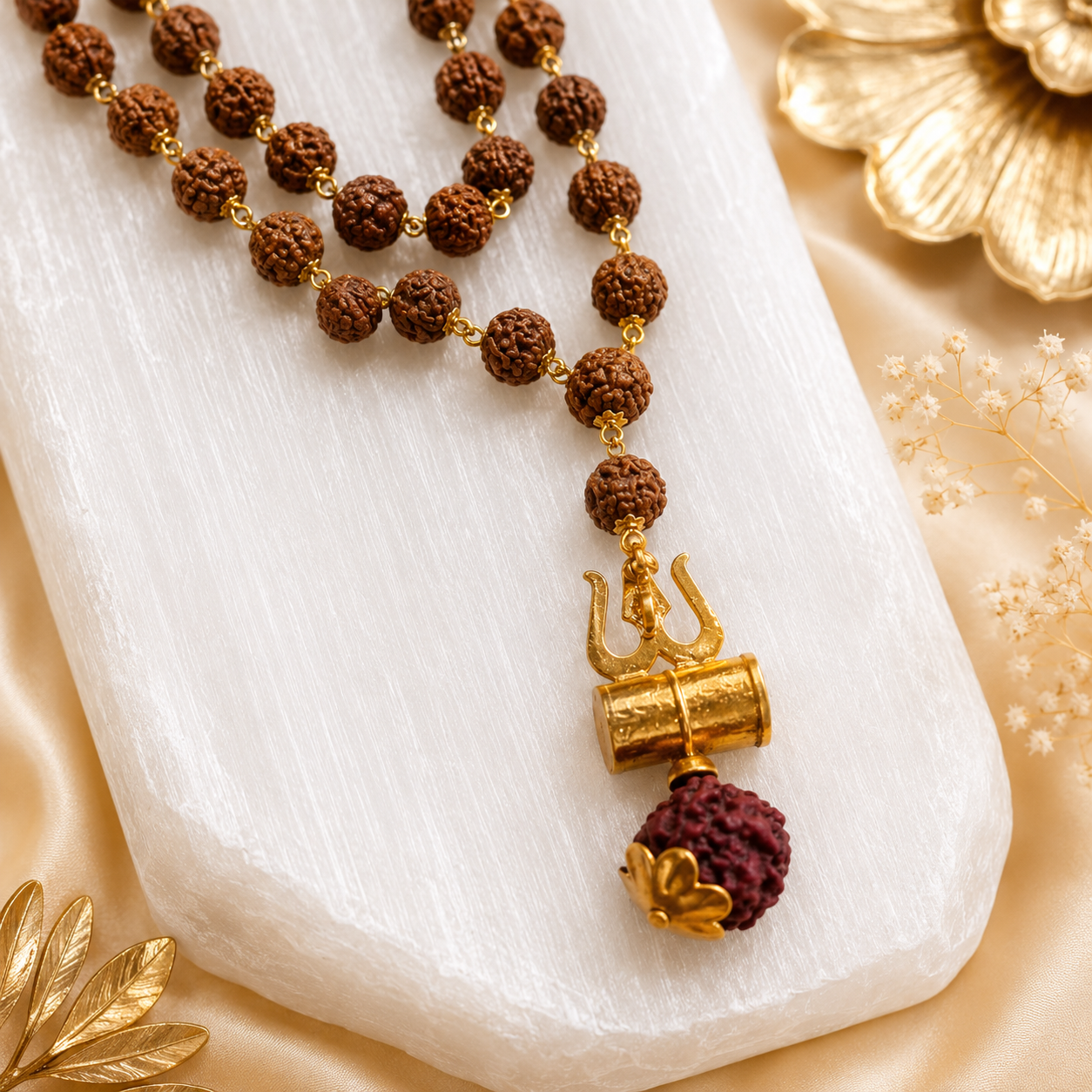 Original 5 Mukhi Rudraksha Mala with Brass Capping and Trishul Damru Pendent