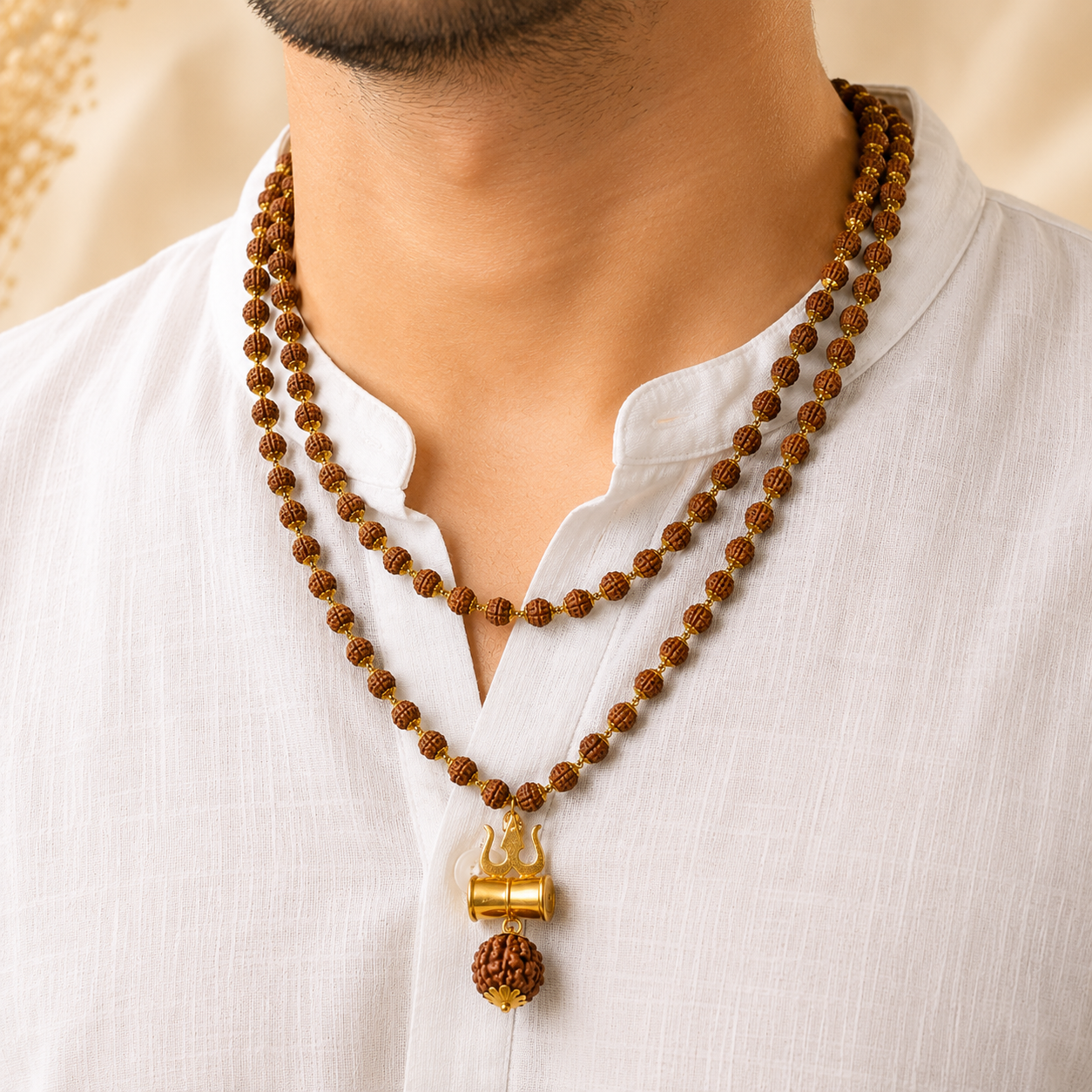 108 Beads Original 5 Mukhi Rudraksha Mala with Brass Capping and Trishul Damru Locket