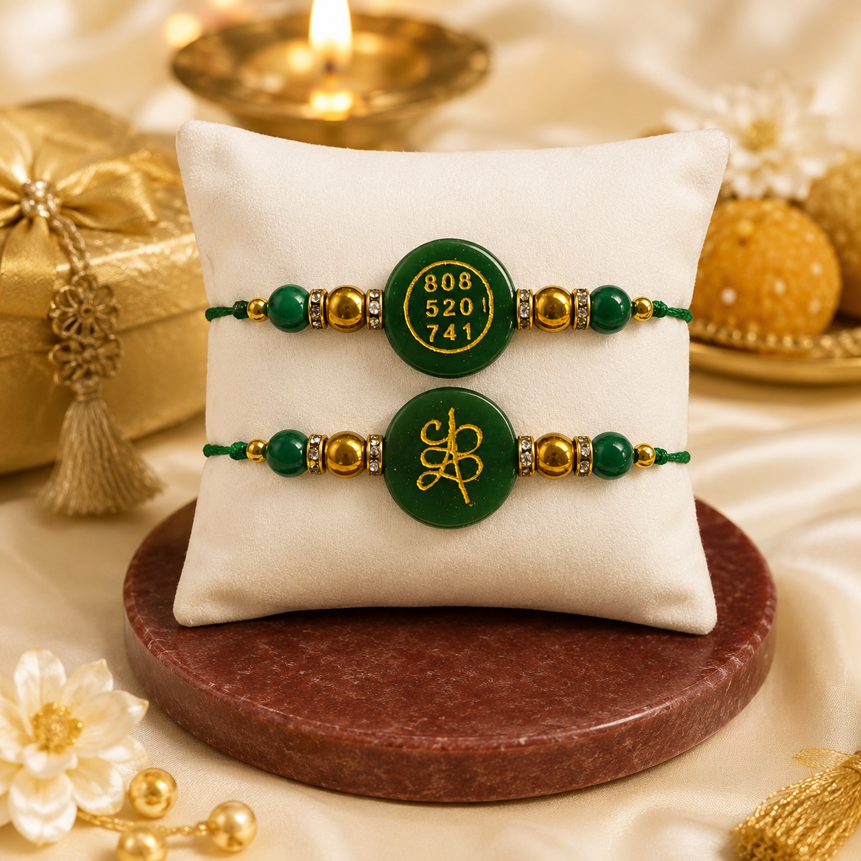 GREEN JADE ROUND ZIBU RAKHI ( PACK OF 2 )