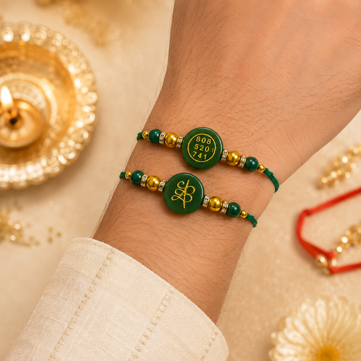 GREEN JADE ROUND ZIBU RAKHI ( PACK OF 2 )
