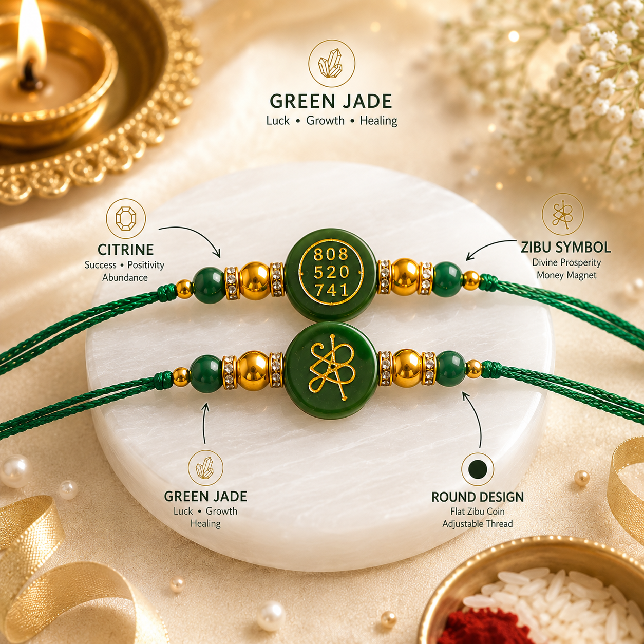 GREEN JADE ROUND ZIBU RAKHI ( PACK OF 2 )