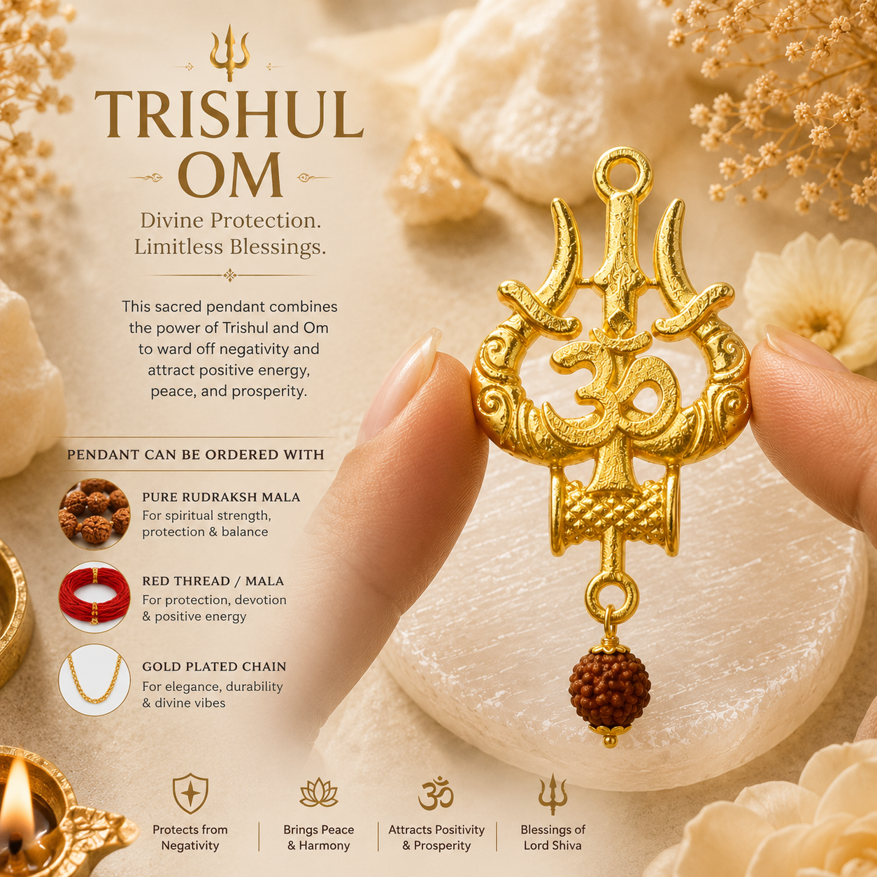 Golden Om Trishul Damru Pendant