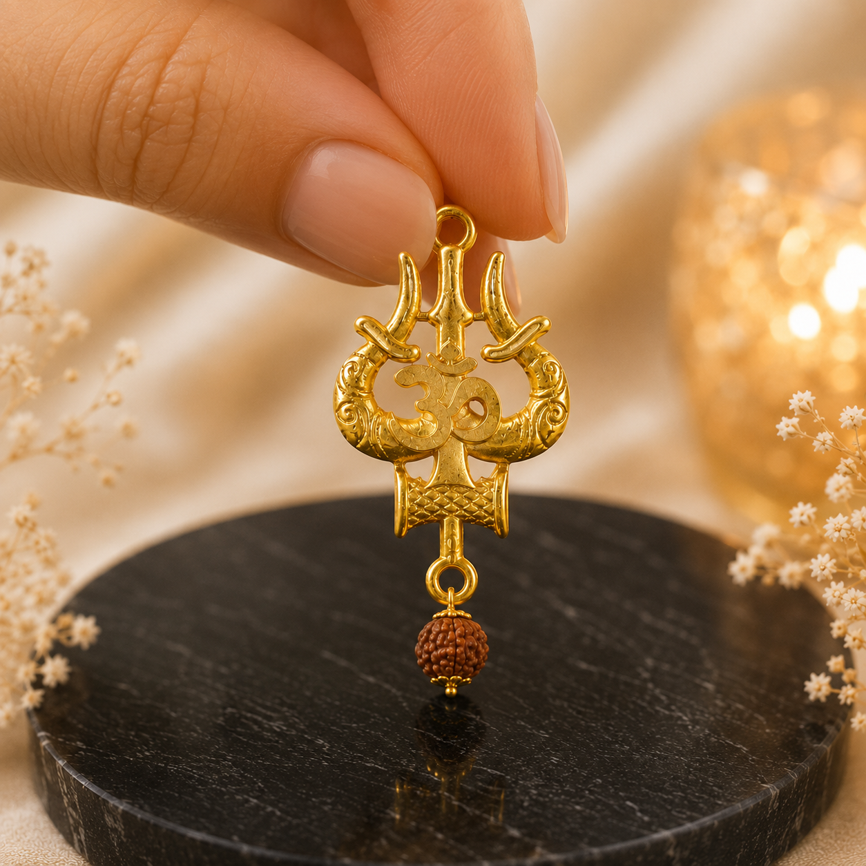 Golden Om Trishul Damru Pendant