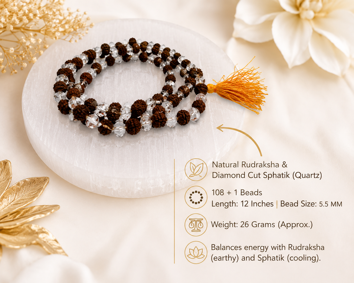 Natural Rudraksha And Diamond Cut Sphatik Mala