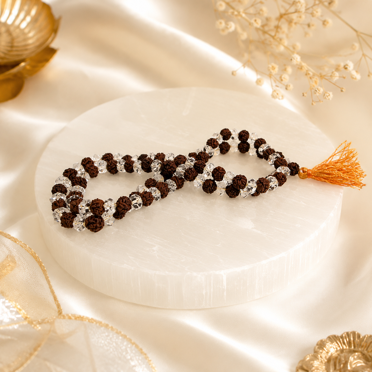 Natural Rudraksha And Diamond Cut Sphatik Mala