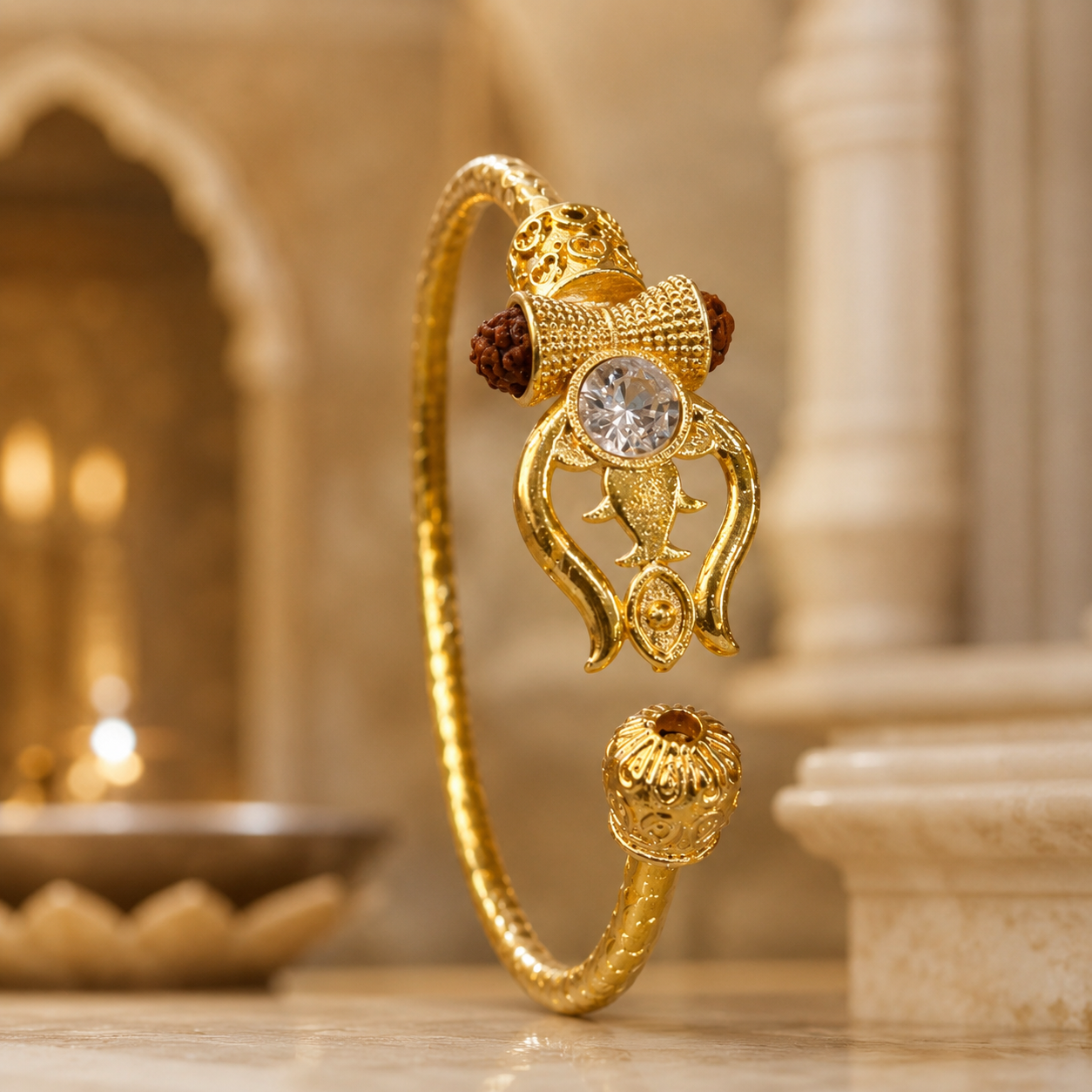 Trident Kada (Gold Plated) - Trishul Damru Kada with 5 Mukhi Rudraksha Beads