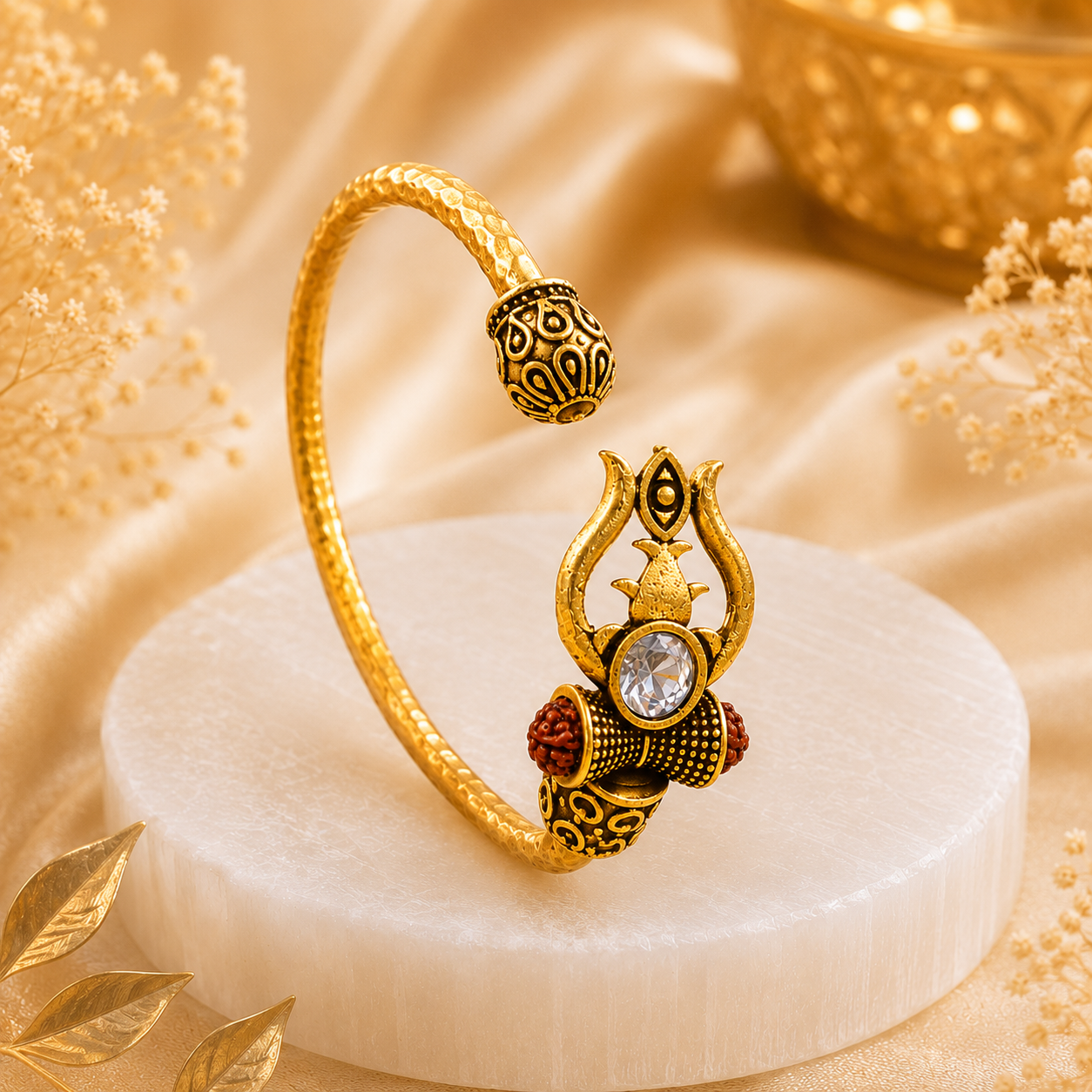 Trident Kada (Gold Plated) - Trishul Damru Kada with 5 Mukhi Rudraksha Beads
