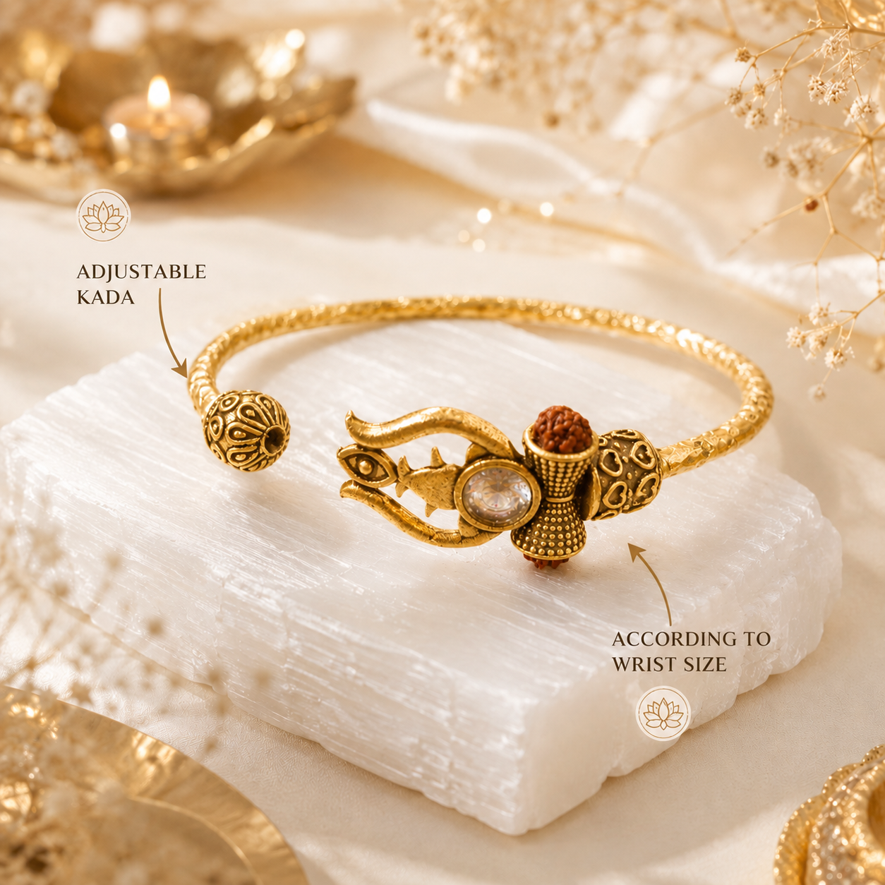Trident Kada (Gold Plated) - Trishul Damru Kada with 5 Mukhi Rudraksha Beads