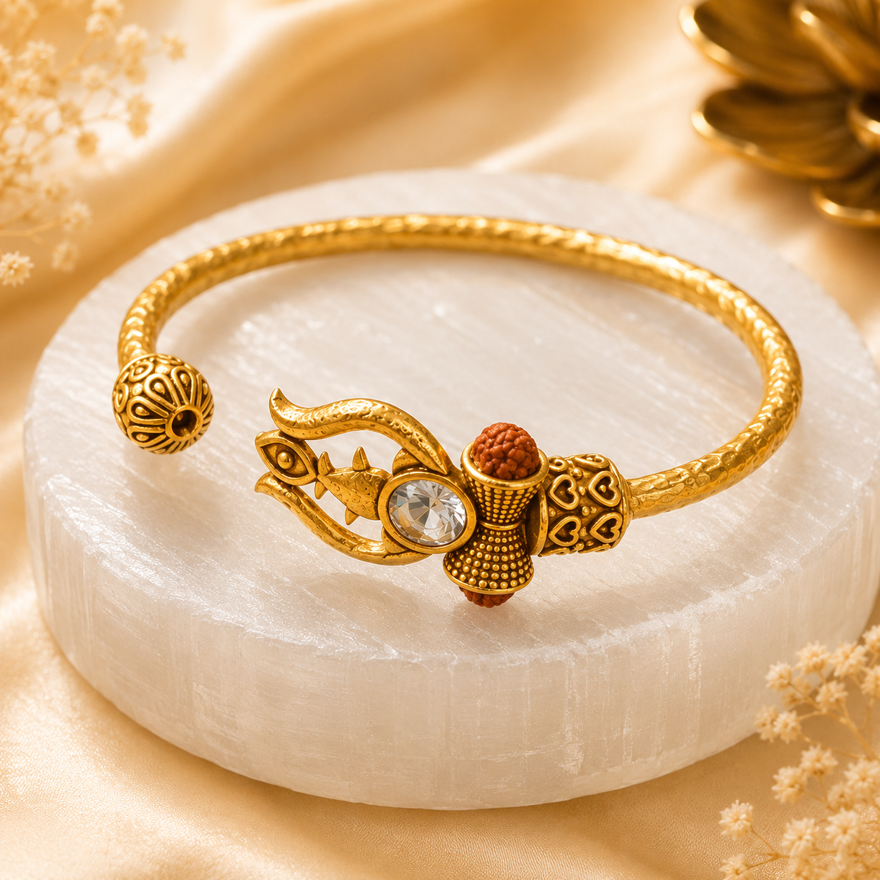 Trident Kada (Gold Plated) - Trishul Damru Kada with 5 Mukhi Rudraksha Beads