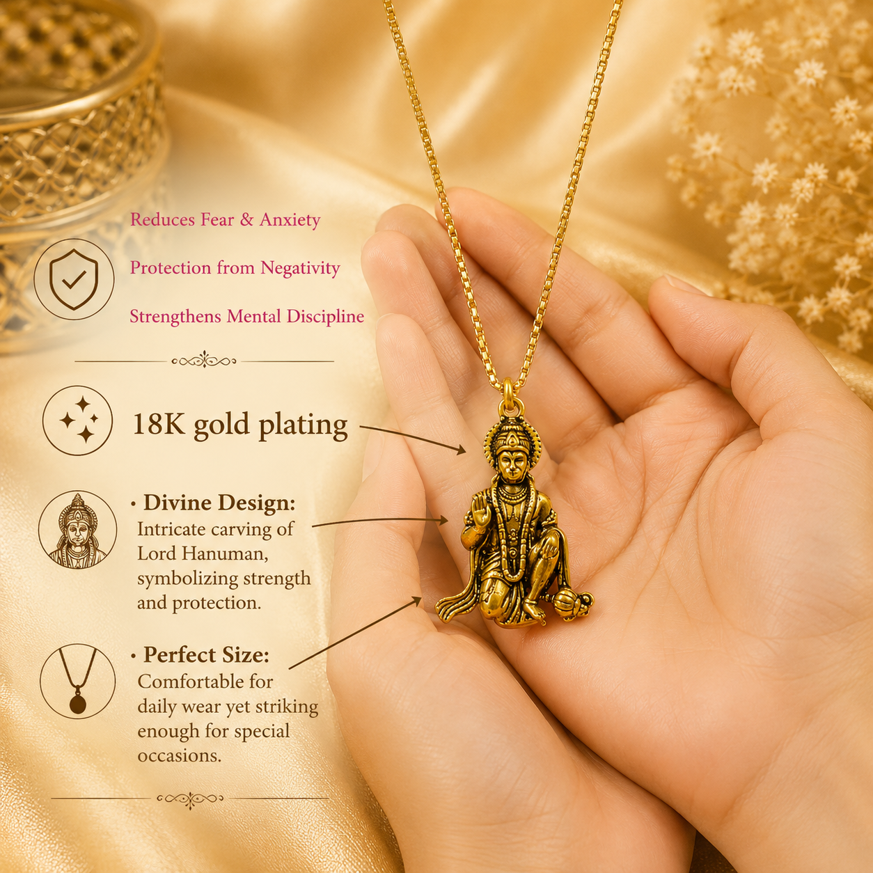 Bajrang Bali Locket and Chain— 18K Gold Plating