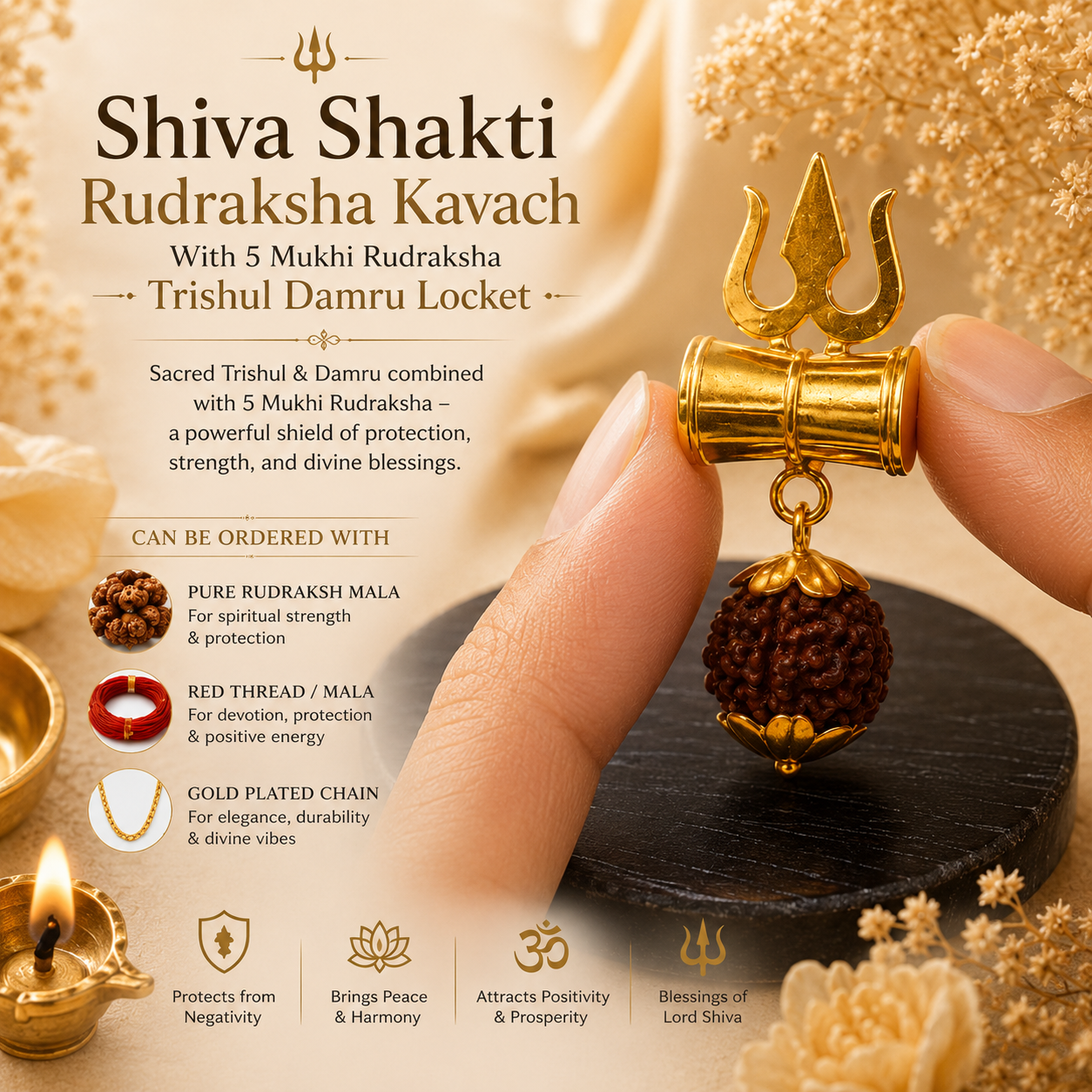 Shiva Shakti Rudraksha Kavach With 5 Mukhi Rudraksha Trishul Damru Pendant