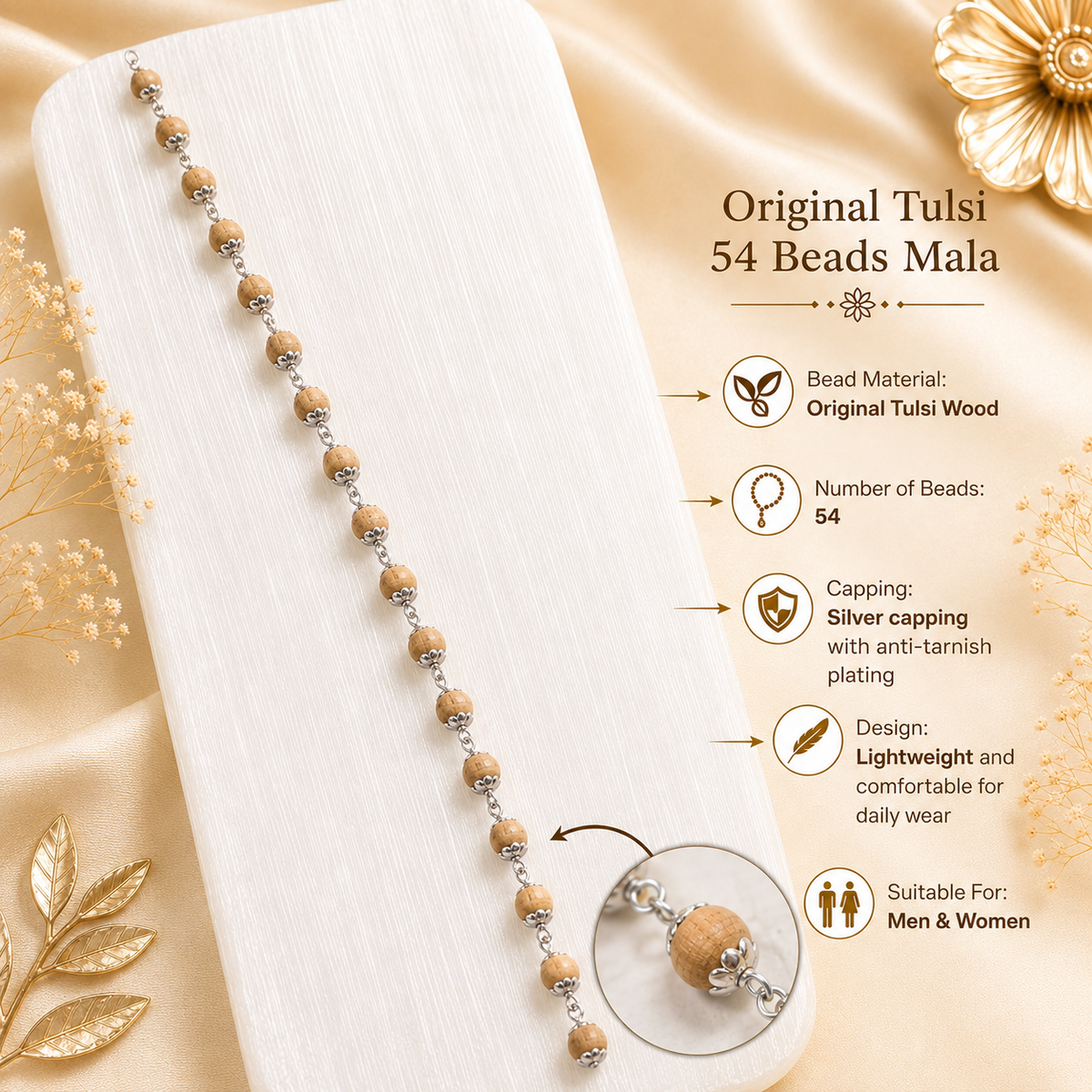Natural Tulsi Mala In Pure Silver