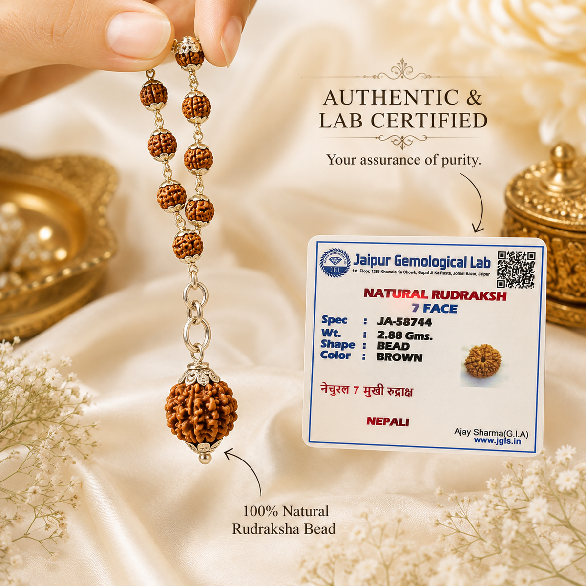 7 Mukhi Nepal Rudraksha Mala in Pure Silver