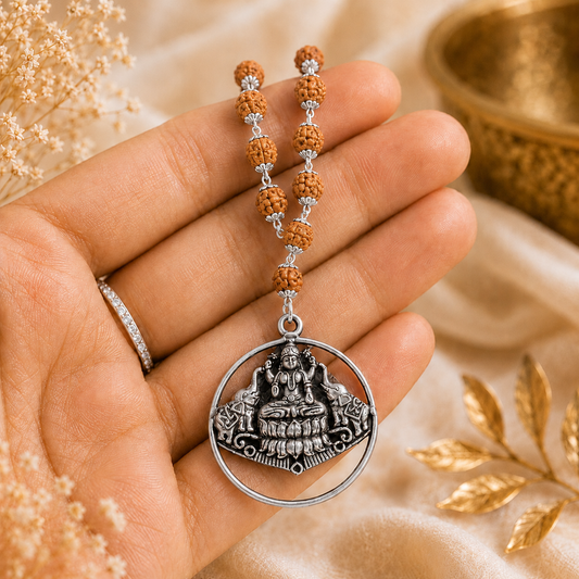 Gaja Lakshmi Locket with 5 Mukhi Rudraksha Mala – Silver Capped