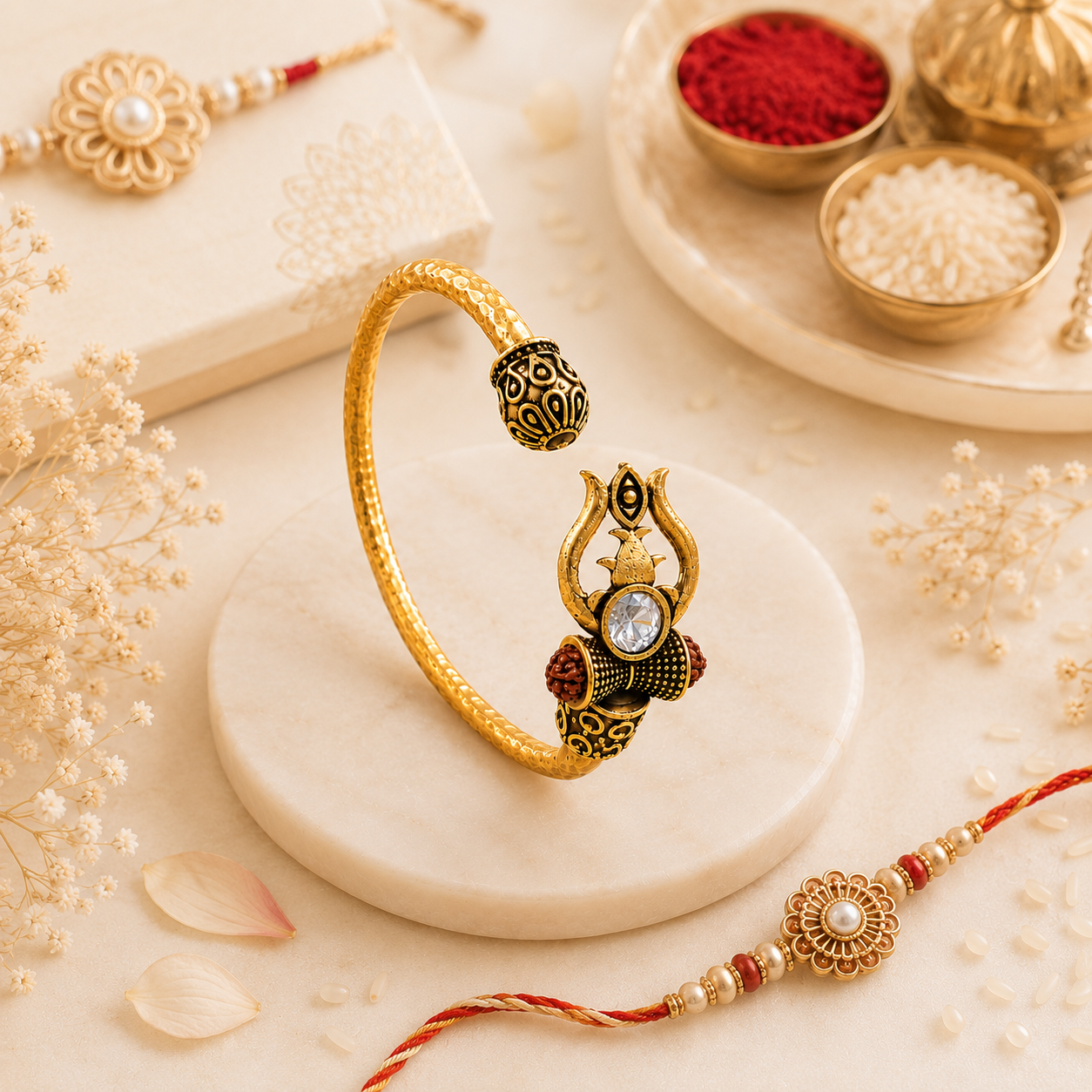 Trident Kada (Gold Plated) - Trishul Damru Kada with 5 Mukhi Rudraksha Beads (Copy)