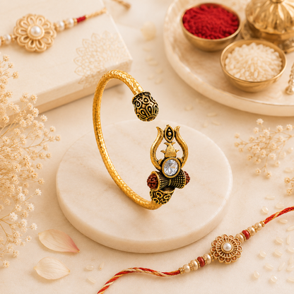 Trident Kada (Gold Plated) - Trishul Damru Kada with 5 Mukhi Rudraksha Beads (Copy)