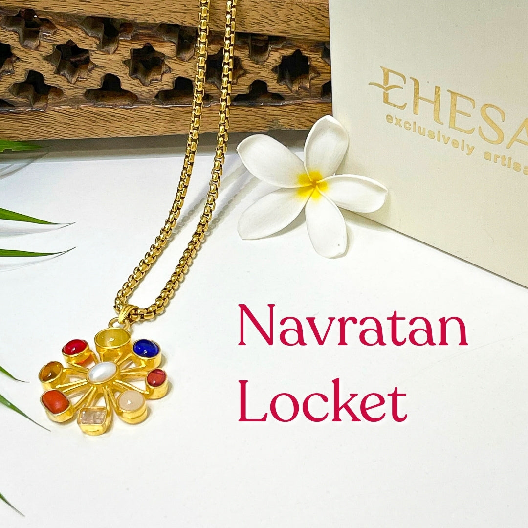 Navratan Locket with Chain (22K Gold Plated) - Free Rudraksha Bracelet