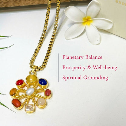 Navratan Locket with Chain (22K Gold Plated) - Free Rudraksha Bracelet