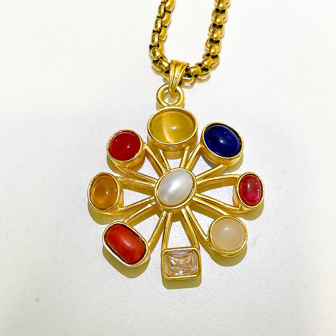 Navratan Locket with Chain (22K Gold Plated) - Free Rudraksha Bracelet