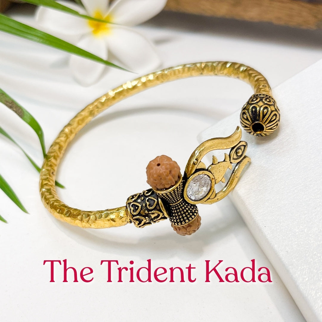 Trident Kada (Gold Plated) - Trishul Damru Kada with 5 Mukhi Rudraksha Beads