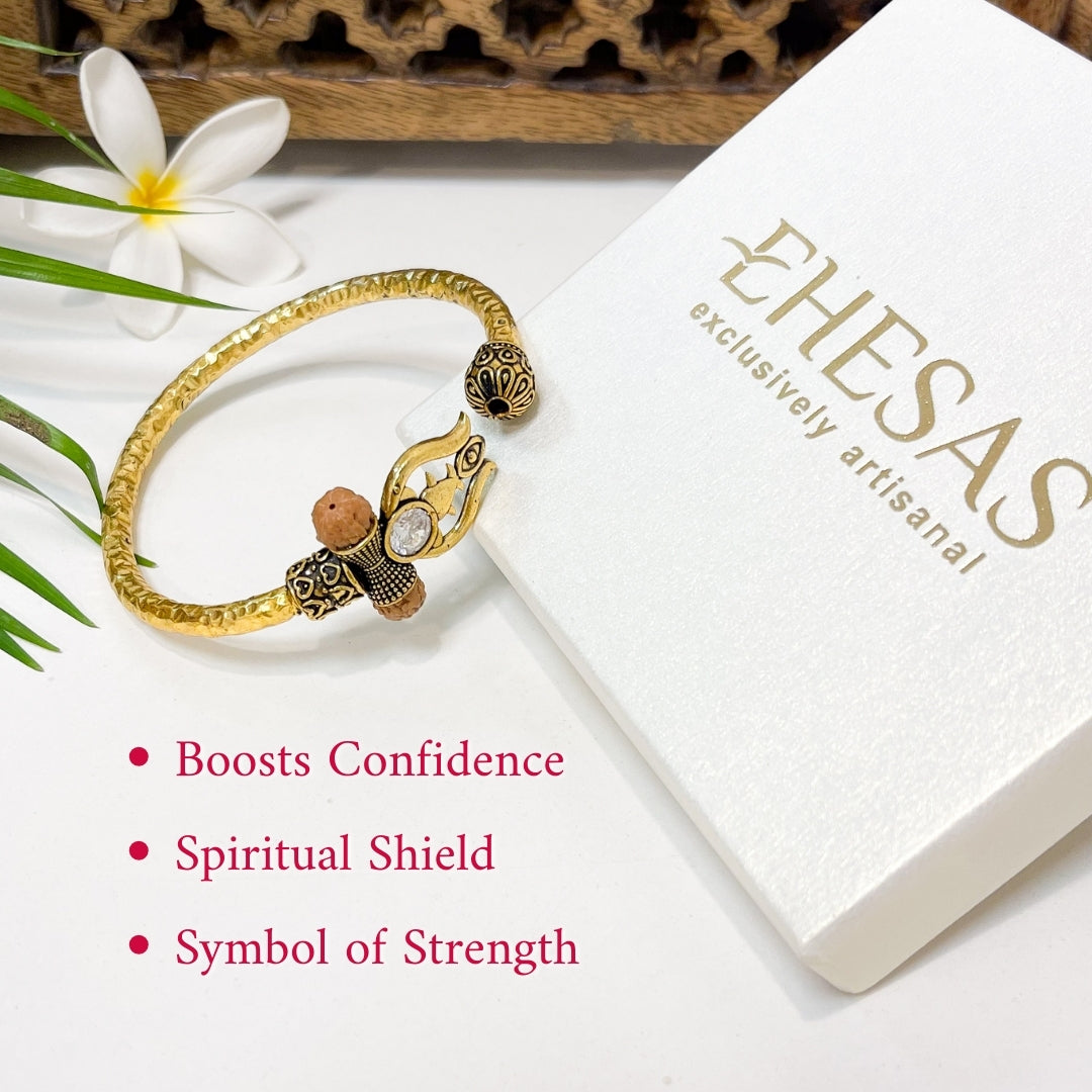 Trident Kada (Gold Plated) - Trishul Damru Kada with 5 Mukhi Rudraksha Beads