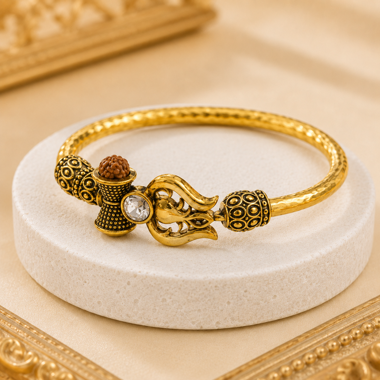 Trident Kada (Gold Plated) - Trishul Damru Kada with 5 Mukhi Rudraksha Beads