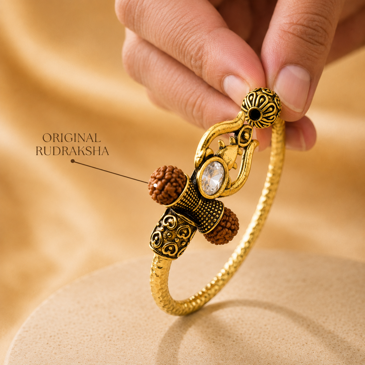 Trident Kada (Gold Plated) - Trishul Damru Kada with 5 Mukhi Rudraksha Beads