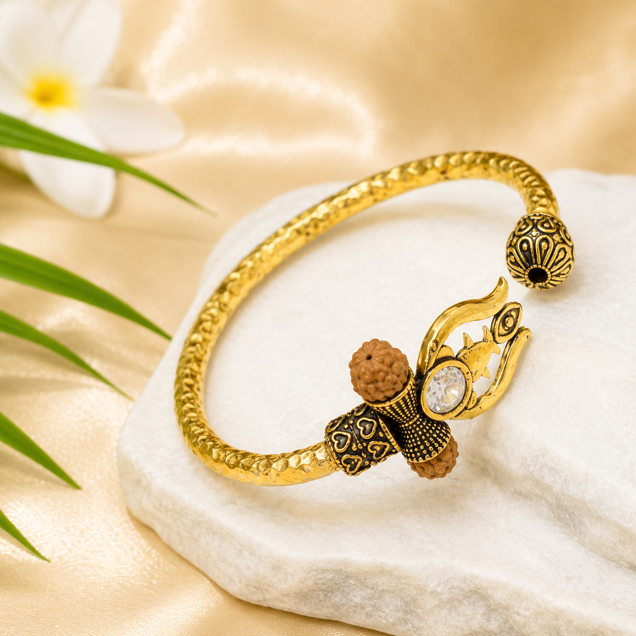 Trident Kada (Gold Plated) - Trishul Damru Kada with 5 Mukhi Rudraksha Beads