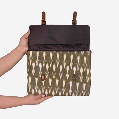 Vegan Leather and Green Ikat Print Canvas Laptop Sleeve