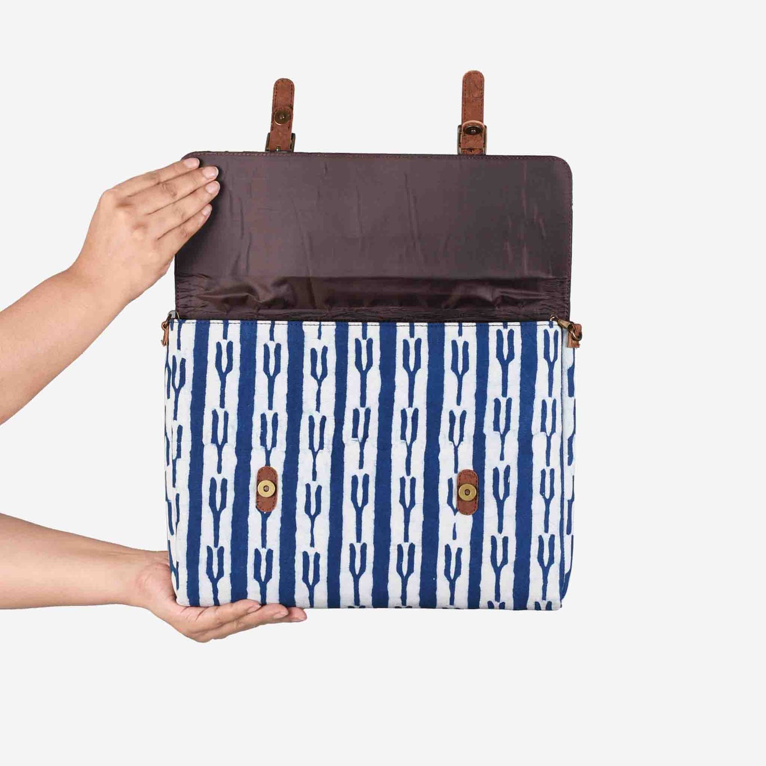 Vegan Leather and Indigo Fork Dabu Print Canvas Laptop Sleeve