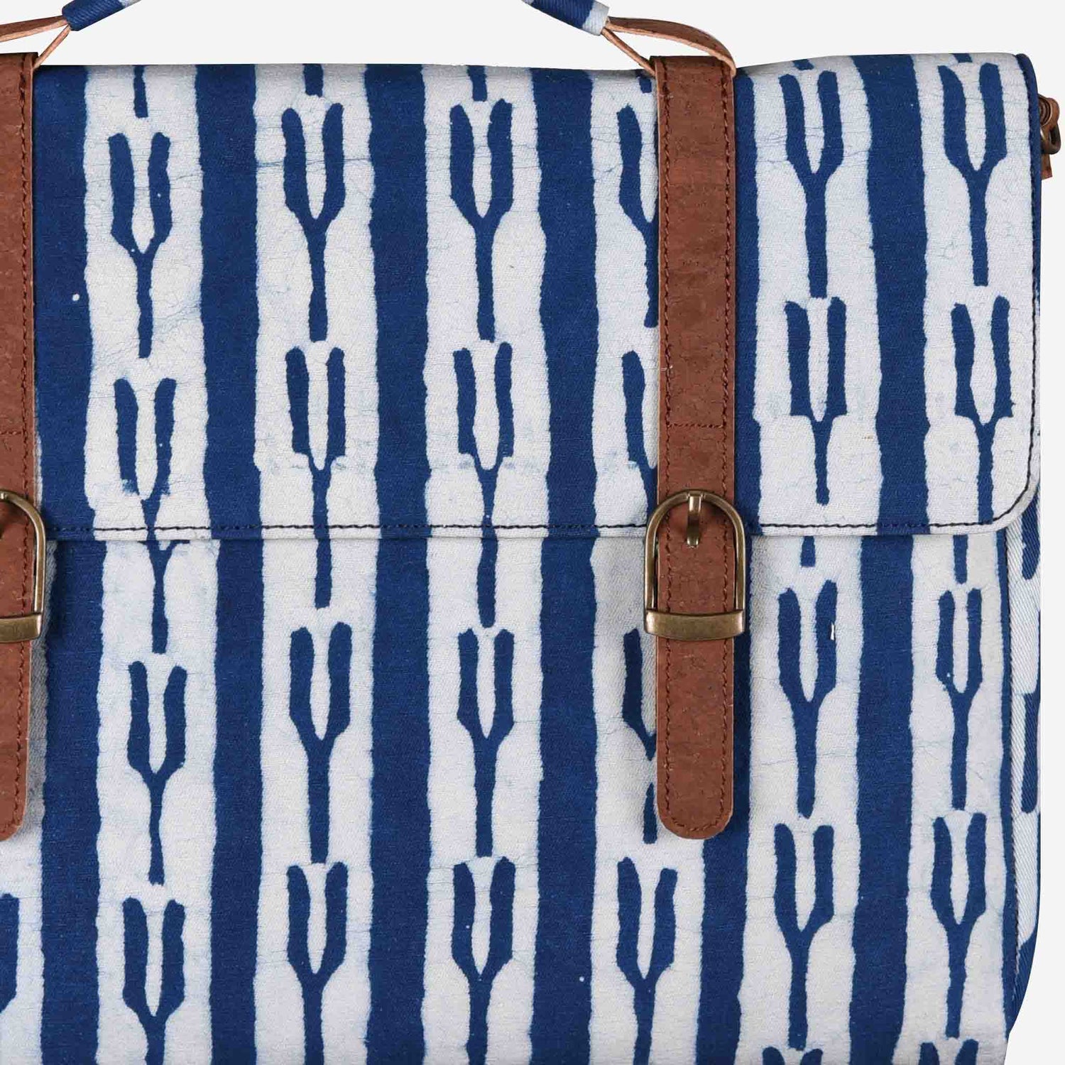 Vegan Leather and Indigo Fork Dabu Print Canvas Laptop Sleeve