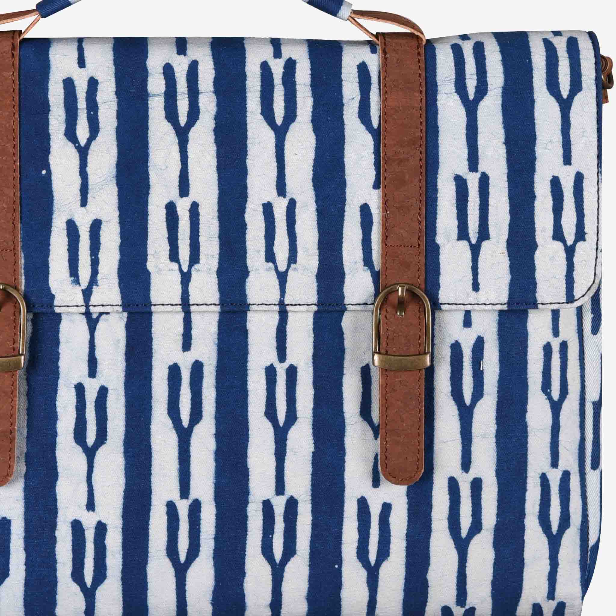 Vegan Leather and Indigo Fork Dabu Print Canvas Laptop Sleeve