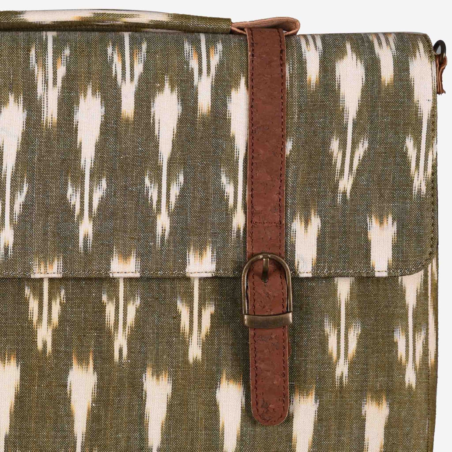Vegan Leather and Green Ikat Print Canvas Laptop Sleeve