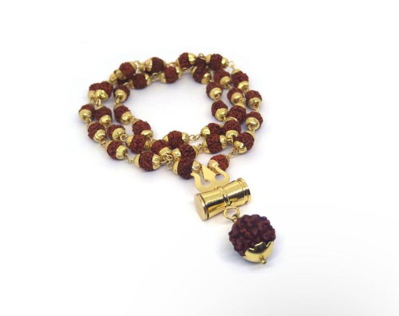 108 Beads Original 5 Mukhi Rudraksha Mala with Brass Capping and Trishul Damru Locket